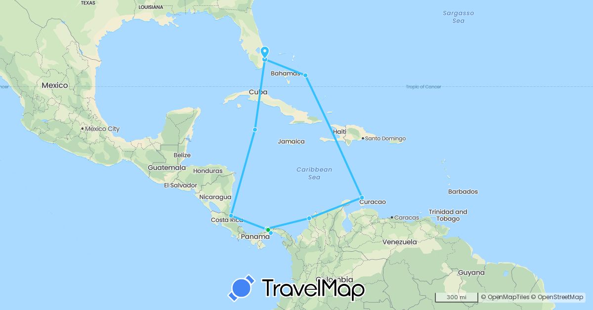 TravelMap itinerary: driving, bus, boat in Bahamas, Colombia, Costa Rica, Cayman Islands, Netherlands, Panama, United States (Europe, North America, South America)